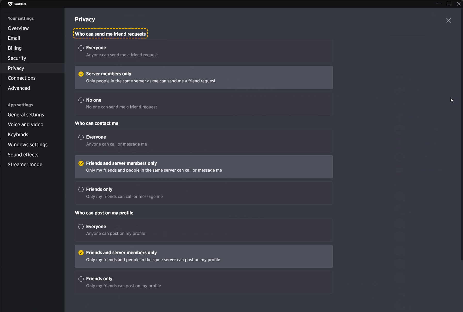 Privacy settings on Discord